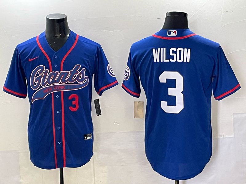 Men 2025 New York Giants #3 Wilson Blue Joint Name Nike Limited NFL Jersey style 04